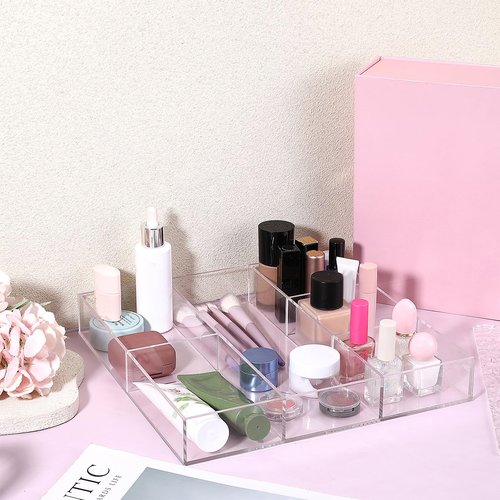 EupHHonycs Acrylic Clear Drawer Organizer 6 Section Divided Makeup Organizer Tray 11.8x11.8x1.8 inch Junk Drawer Storage for Office Bedroom Desk Supplies and Accessories