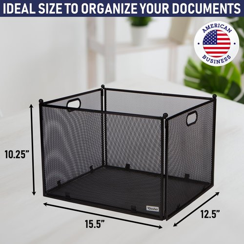Hanging File Organizer Mesh Box, Supports Letter and Legal-Sized Hanging Folders, Modern Black Metal Mesh File Crate, Collapsible Document Organizer Box for Home or Office Storage