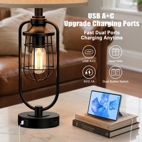 SRJJRS 24" Farmhouse Table Lamps for Living Room Set of 2, Black Rustic Lamps for Night Stands with USB Ports, Industrial Bedside Lamp for Bedroom End Tables, Bulbs Included