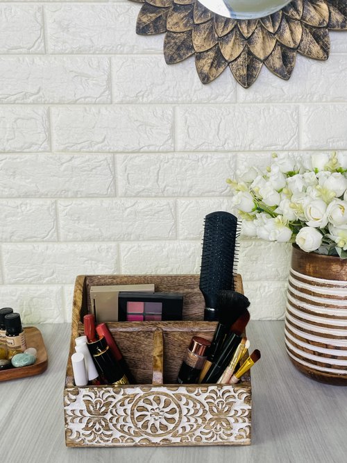 Wooden Office Desk Organizer Countertop, Farmhouse Stationary Aesthetic Organizer for Marker, Pen, Remote, Makeup Brush, Art Supplies Accessories, Modern Work Study Drawer Caddy- White Shabby Chic