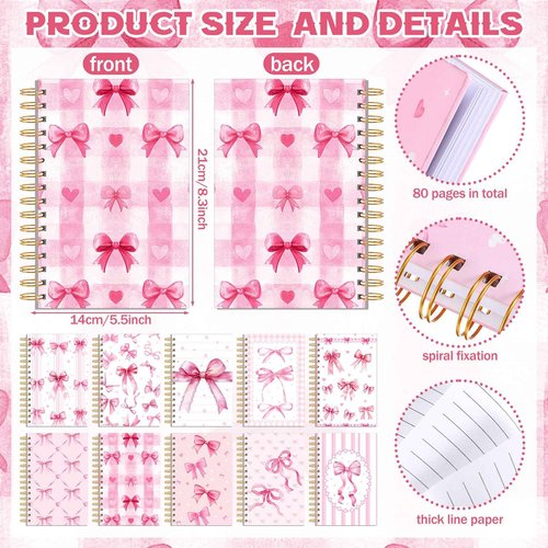 10 Pcs Christmas Gifts Coquette Pink Bow Notebook Bulk 8.3 x 5.5 Inch Spiral Aesthetic Preppy Notebook, 80 Pages, Cute Notepad Journal for Women Office Supplies Coquette Birthday Gifts Party Favors