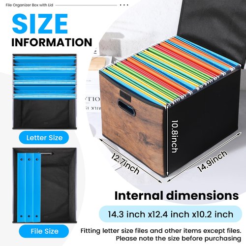 File Organizer Box with Wood Grain Pattern, Hanging Collapsible File Storage Bins with Lid Plastic Slides, Teacher Essentials for Back to School Classroom School Keepsake Organizer, Rustic Brown