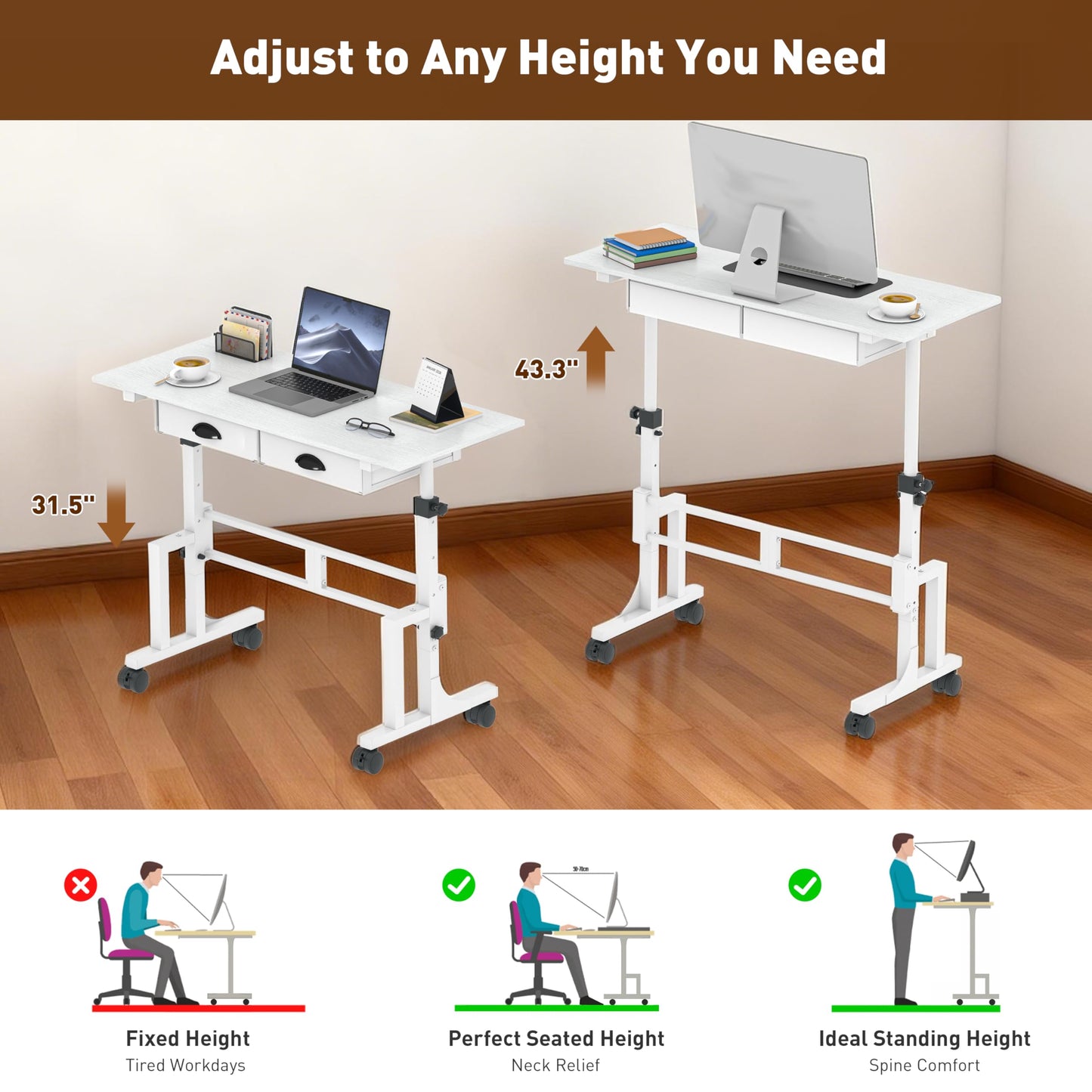Adjustable Height Standing Desk with 2 Storage Drawers, Mobile Rolling Sit Stand Desk with Lockable Wheels, Stable Height Adjustable 31.5"-43.3" Computer Workstation for Treadmill, Home Office Study