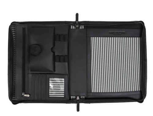 Zippered Genuine Leather Business Portfolio | Easy to Carry Organizer with Writing Pad Holder, Business Card and Pen Slots. IPAD/Tablet Holder and Flip-Closure Phone Pocket
