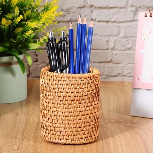 Lurrose 2pcs Rattan Pencil Holder Handmade Pen Cup Wicker Makeup Brushes Holder Woven Vine Pen Container Desk Organizer for Home Office Desktop Kitchen Utensil