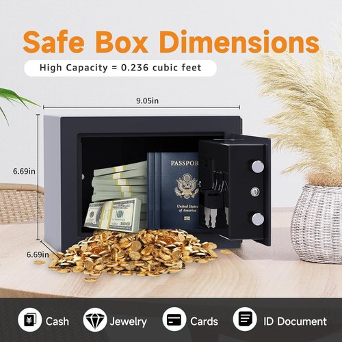 PATRON Small Safe Box for Money with Code and Keys,Solid Mini Safe for Kids with Digital Electronic Security Keypad for Home Office Hotel,Personal Money Safes for Cash,0.236 Cuft (Black)