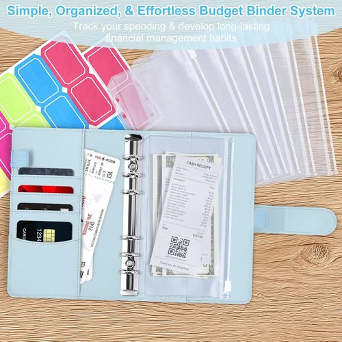 Antner A6 Budget Binder - Zipper Cash Envelopes for Money Organization | Mint Blue Budget Planner