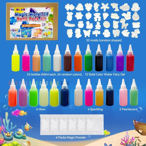 Glow Magic Elves Refills - 24 Color Gel & 32 Molds DIY STEM Kit | Non-Toxic Indoor Activity for Focus & Fine Motor Skills