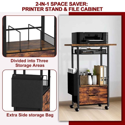 Mobile 3-Tier Printer Stand with 2-Drawer File Cabinet, 24 Extended Desktop & Lockable Wheels, Adjustable Rolling Cart for Home Office Storage (Rustic Brown)