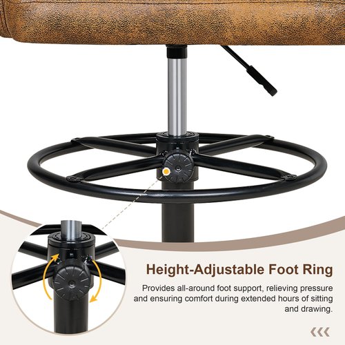 VECELO PU Leather Drafting Chair with Low Back and Footrest Ring, Height Adjustable, Swivel Rolling Wheels, for Drawing/Standing Desk/Office, Brown