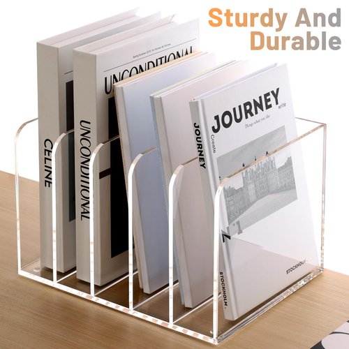 SANRUI Acrylic File Organizer, Clear Magazine File Holder Desk Organizer for Office Organization and Storage with 5 Vertical Compartments, Desktop Bookshelf for Home Office Organization