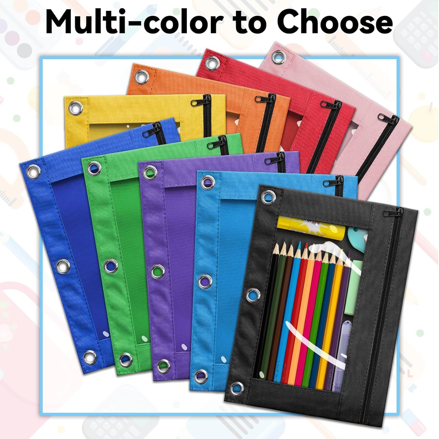 V-Opitos Pencil Pouch - Durable 3-Hole Zipper Case with Clear Window | 2-Pack for School & Office Supplies