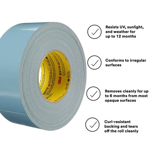 3M Performance Plus 8979 Duct Tape Heavy Duty, Slate Blue, 48 mm x 55 m, 12.1 mil, 6 Month Clean Removal, Resists UV and Weather for up to 12 Months, Tears Cleanly, Curl-Resistant, 3 Rolls