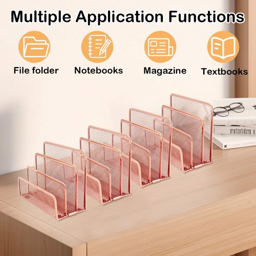 TUSAUW 4 Pcs Desk Mail Organizer, Desktop Letter Holder, Metal File Holder with 3-Slot, Desktop File Organizer Metal Mesh with 3 Vertical Upright Compartmentsfor Home or Office Desktop (Rose Gold)