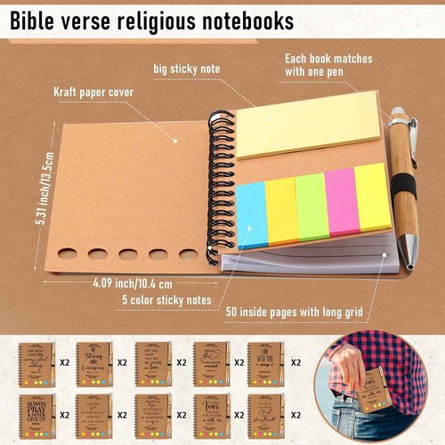 Kosiz 40 Pcs/20 Set Christian Gifts Bulk Notebook Bible Verse Pen Religious Spiral Notebook with Sticky Notes Christmas Appreciation Gifts for Church Pastor Clergy Sunday Shool Teacher (Kraft)