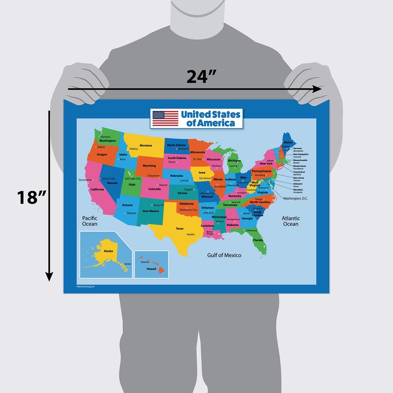 USA Map for Kids - LAMINATED - United States Wall Chart Map (18" x 24")