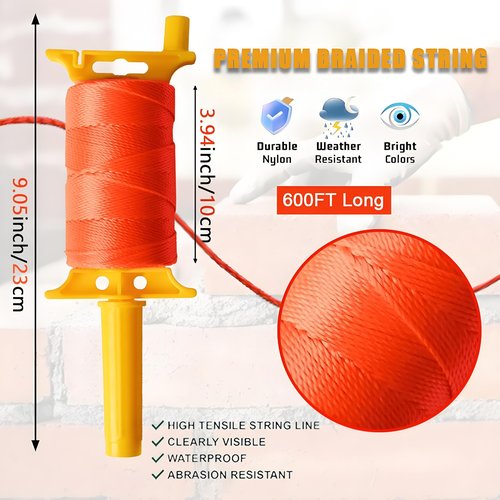 Reloadable Line Reel,Mason Line String line with Handle, 600 Ft Length Nylon Twine,18 Braided Nylon String for Gardening Or Masonry Tools,Outdoor Kite,Twine String for Gardening Fluorescent Orange