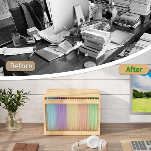 LONTAI Bamboo Hanging File Box with Removable Lid, File Organizer Box for Letter/Legal File, Acrylic File Box with Hanging Folders Light Easy Assembly File Storage Boxes for Home Office, Natural