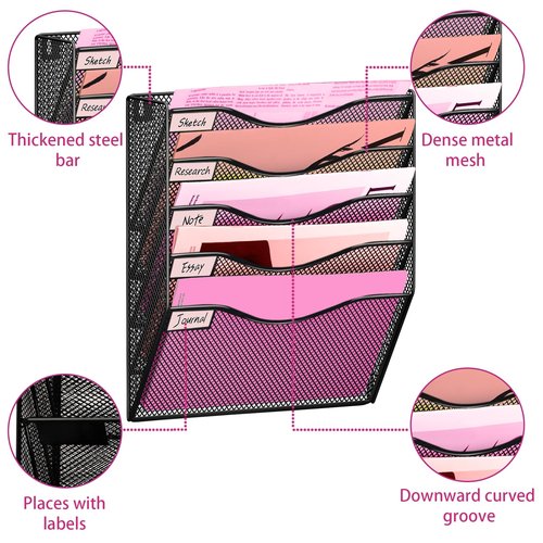 ideallife 5 Pockets Mesh Wall File Holder Organizer Office Hanging File Folder Magazine Rack, Nametag Label Hooks Set Included, Black Large Mesh
