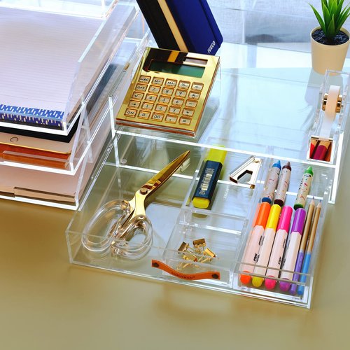 EXPUTRAN Acrylic Desk Organizer Drawer + Inbox with Letter Tray 12.6” x 10.6” x 5”, A4 Size, Clear