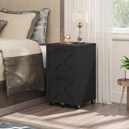 2 Drawer Small File Cabinet with Wheels, Farmhouse Vertical Filing Cabinet Fits A4 or Letter Size, Under Desk Rolling File Cabinets for Home Office, Wooden Printer Stand, Black