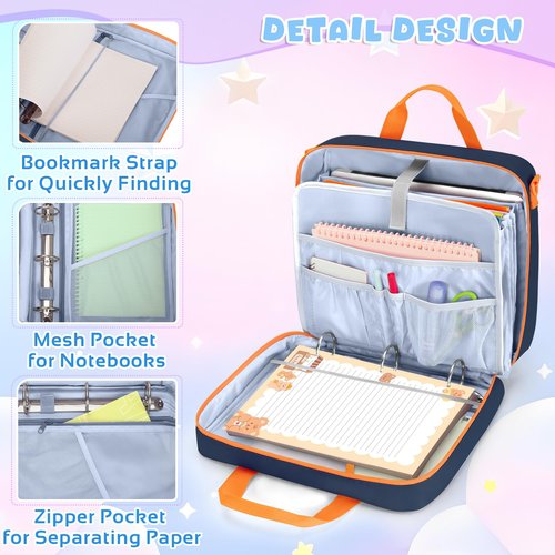 Yarwo Zipper Binder Bag for Boys and Girls, 3 Ring Binder Holds 500 Sheets, Accordion File Organizer with 5 Expanding File Folder Fit for 13” Laptop, Learning Tablet and Stationery, Navy