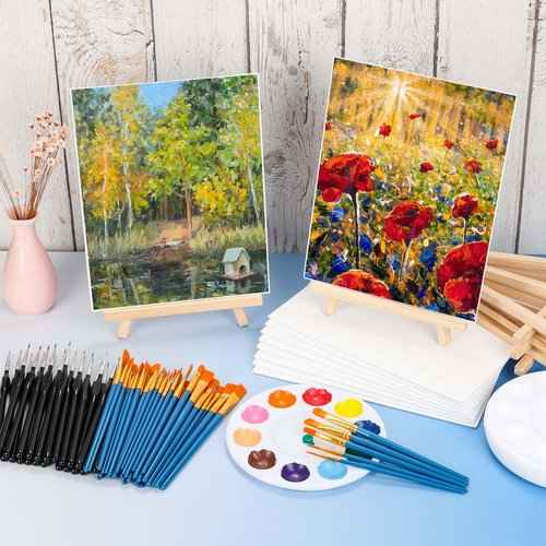 160 Pack Canvas with Easel Miniature Painting Kit with Wooden Easel and Blank Canvas Boards, Detail Paint Brushes Set for Kids Adults Couples Paint Party Supplies Paint and Sip Date Night Kits