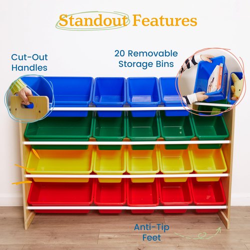 ECR4Kids 4-Tier Organizer with 20 Bins, Toy Storage, Natural/Primary