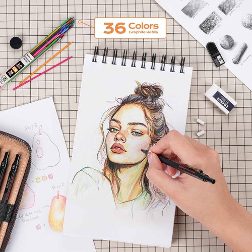 Nicpro 45PCS Black & Silver Metal Mechanical Pencil Set in Leather Case, Art Drafting Pencil 0.5, 0.7, 0.9 mm, 2mm Lead Holders for Sketching Drawing With 27 Tube (6B 4B 2B HB 2H 4H Colors)Lead Refill