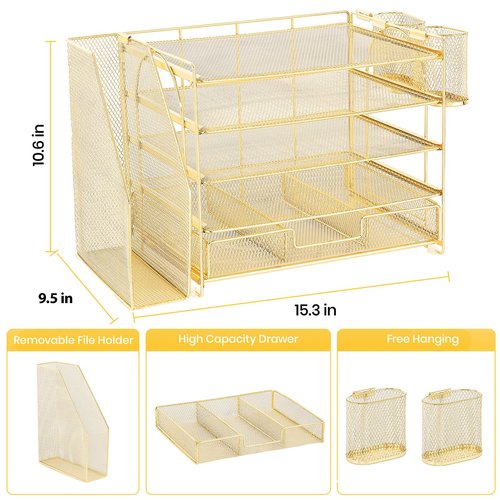 OPNICE Desk Organizers and Accessories, 5-Tier Paper File Organizer with Drawer & Pen Holder, Office Desk Accessories Workspace Desktop Organizer for Office Supplies(Gold)