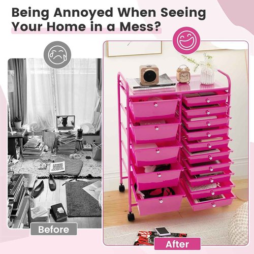 HOMGX 15-Drawer Storage Rolling Cart, Multipurpose Utility Storage Cart w/ 4 Lockable Wheels & Removable Drawers, Plastic Drawer Organizer for Office, Supermarket, Home, School (Hot Pink)