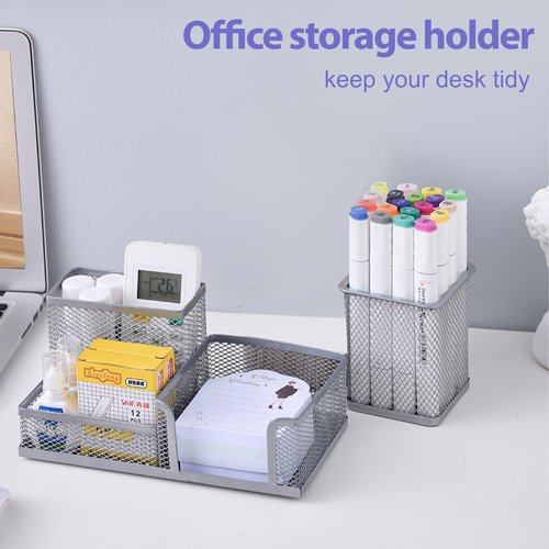 GATUSOO 4 Pcs Set Mesh Pen Holder for Desk Pencil Holders, Desk Organizer Office Supplies Caddy - Sticky Notes, Cards, Phones, Stationery Holder for Office School Home (Silvery)