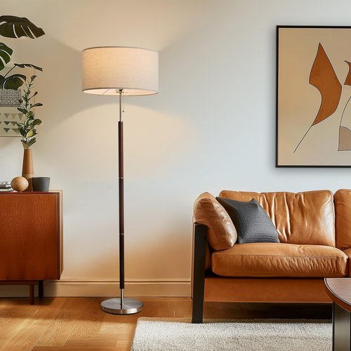 Brightech Carter LED Floor Lamp, Drum Shade with Walnut Wood Finish, Great Living Room Décor, Mid-Century Light for Living Rooms & Offices, Mid Century Modern Lamp for Bedroom