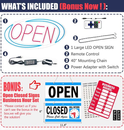 Open Signs for Business,Neon Open Sign Led,32"x 16",Remote Control Open/Closed Bussiness Hour Sign Set,Light for Bar Coffee Salon Store Window,12V/3A Adapter with ON/OFF Switch (Blue/Red Oval)