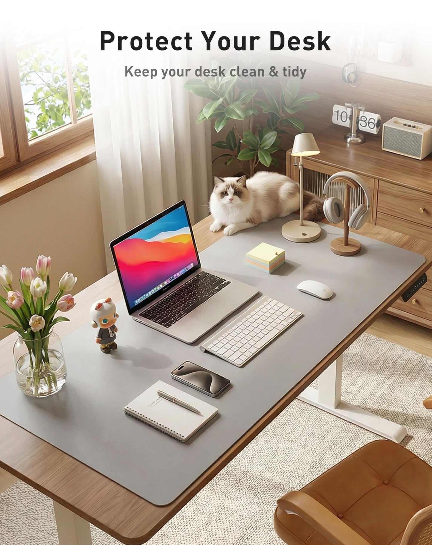 Aothia Faux Leather Desk Mat - Large Mouse Pad, Non-Slip PU Leather Blotter, Waterproof Writing Surface for Office and Home (Light Grey, 40" x 24")