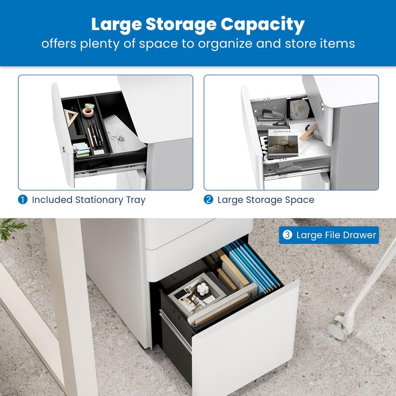 Mount-It! Slim 3 Drawer White File Cabinet with Lock, Mobile Metal Filing Cabinet on Wheels, Under Desk Storage Drawers for Home & Office, Letter Legal A4, White