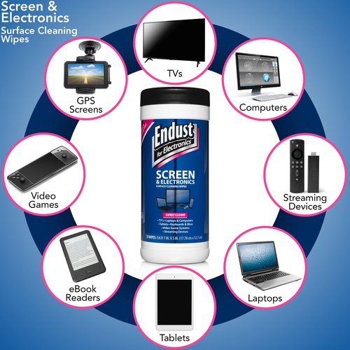 Endust For Electronics; Screen & Surface Cleaning Wipes, For TV, Phone, Computer Monitor, Laptop, Tablet, Pre-Moistened, Alcohol and Ammonia Free, 70 Count, 6 Pack (11506P6)