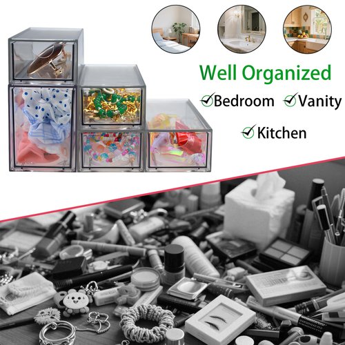 5 Pack Acrylic Makeup Organizer Clear Stackable Storage Drawers Tall Acrylic Bathroom Makeup Organizer for Cosmetic,Beauty Supplies,Ideal for Vanity, Undersink,Cabinet,Desk Home Organization