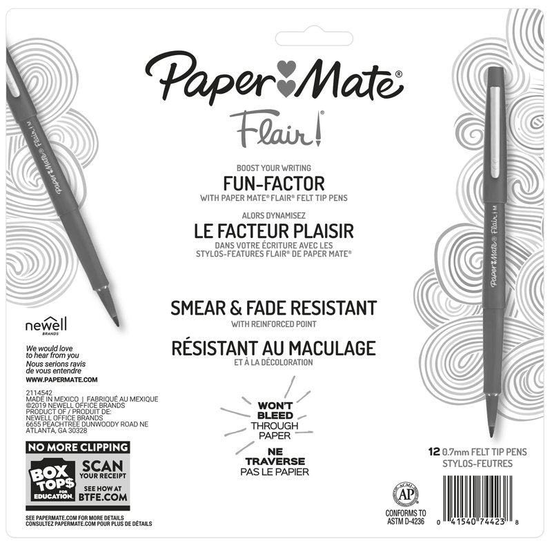 Paper Mate Flair Felt Tip Pens, Medium Point (0.7mm), 12 Count - For Arts & Crafts, Note-Taking, Journaling, School Supplies for Teachers & Students