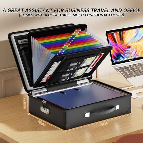 Fireproof Document Box with Fireproof Zipper, Hard Fireproof Safe Case with Lock, Fireproof Water Resistant Safe Box with Accordion File Organizer for Important Documents, Valuables, Laptop, Black
