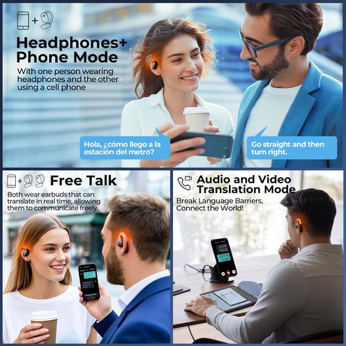 AI Translation Earbuds Real Time 80H Playtime 164 Languages Translator Ear Buds with Glowing Earhook Bluetooth Translating Headphones audifonos traductores inglés español for Travel Business Meeting