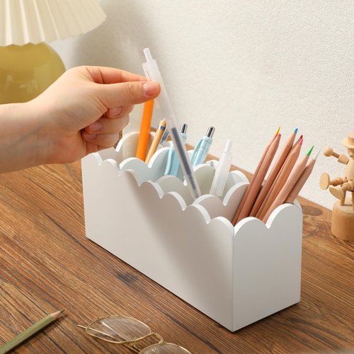 Sherr Scalloped Wooden Pencil Holder for Desk Wooden Office Desk Organizers and Accessories with 4 Compartments Cute Makeup Brush Holder Organizer for Bathroom Remote Caddy for Table for Party