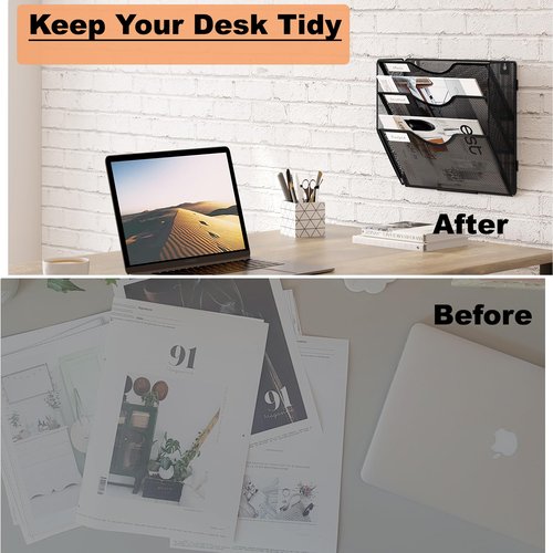 Senhoglb File Folder Organizer, 3-Tier Mesh Hanging Wall File Holder, Magazine Rack, Wall File Organizer With Pockets, Metal Document Organizer, Mail Organizer Wall Mounted for Office Home, Black