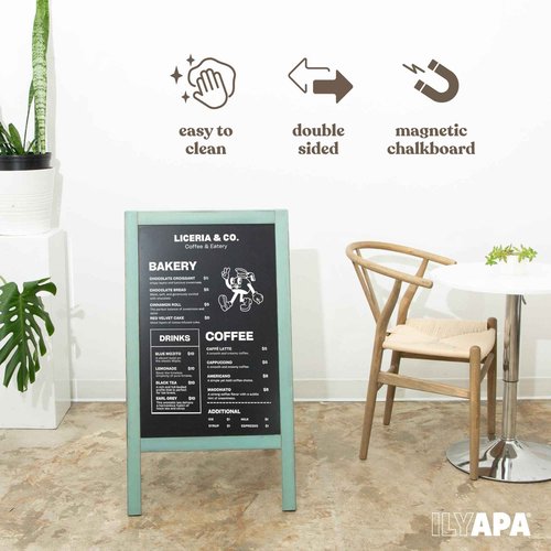 Ilyapa Wooden A-Frame Sign with Eraser & Chalk - 40 x 20 in Magnetic Sidewalk Chalkboard – Turquoise Menu Display for Restaurant, Business Or Wedding