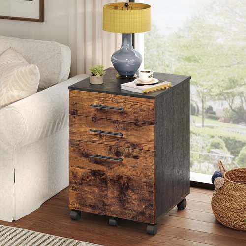 HOOBRO 3-Drawer File Cabinet, Wooden Under Desk Filing Cabinet, fits A4/Letter Size for Home Office, Small Rolling Storage Drawer Chest, Printer Stand with Drawers, Rustic Brown and Black BF02WJ01G1