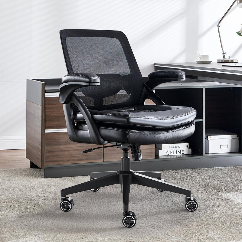 BERYTH Big and Tall Office Chair, 500lbs Mesh Heavy Duty Ergonomic Desk Chair with Flip-up Armrests, Plus Size Wide Seat in PU Leather, 360 Swivel Computer Executive Task Chair for Home Office (Black)
