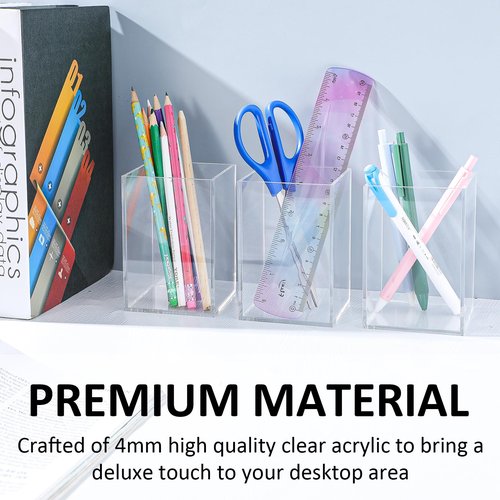 4 PCS Acrylic Pen Holder, Clear Pen Holder For Desk, Makeup Brush Holder Cup Organizer, Office Stationery Organizer, for Office School Makeup Desk