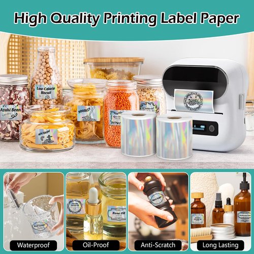 HUIJUTCHEN 3 Rolls Holographic Thermal Labels 40*30mm Square Sliver Custom Sticker for Phomemo M110/M220/M120/M221,for SUPVAN T50M PR0 Label Maker Printer Waterproof Label Paper for Name,Logo,Barcode