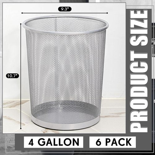 Zeyune 6 Pack Silver Office Trash Can Bulk Mesh Trash Can 4 Gallon Metal Wire Mesh Waste Paper Basket Round Small Garbage Bin for Office Bathroom Home Bedroom Kitchen Dorm