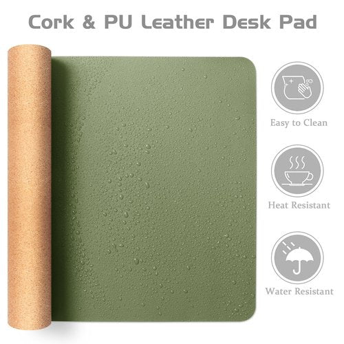 Aothia Dual-Sided Desk Mat - Natural Cork & Leather Desk Protector, Large Mouse Pad & Writing Pad for Office/Home, Olive Green (25.6"x13.7")